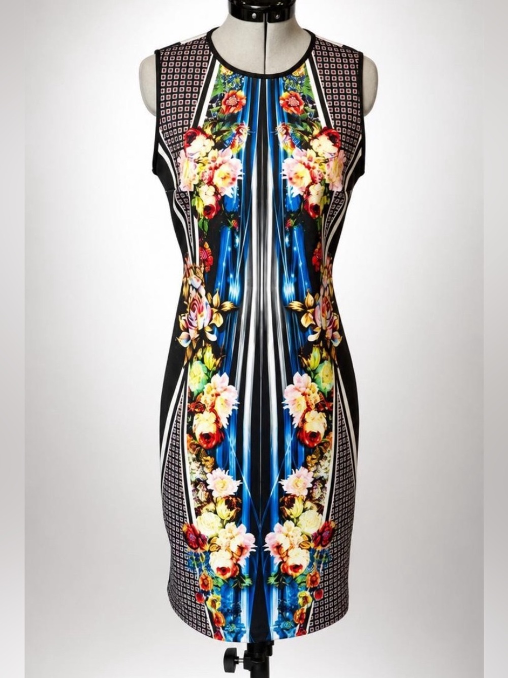 Clover Canyon Sleeveless Neoprene mixed pattern Midi Dress, blue/blk, S, GUC